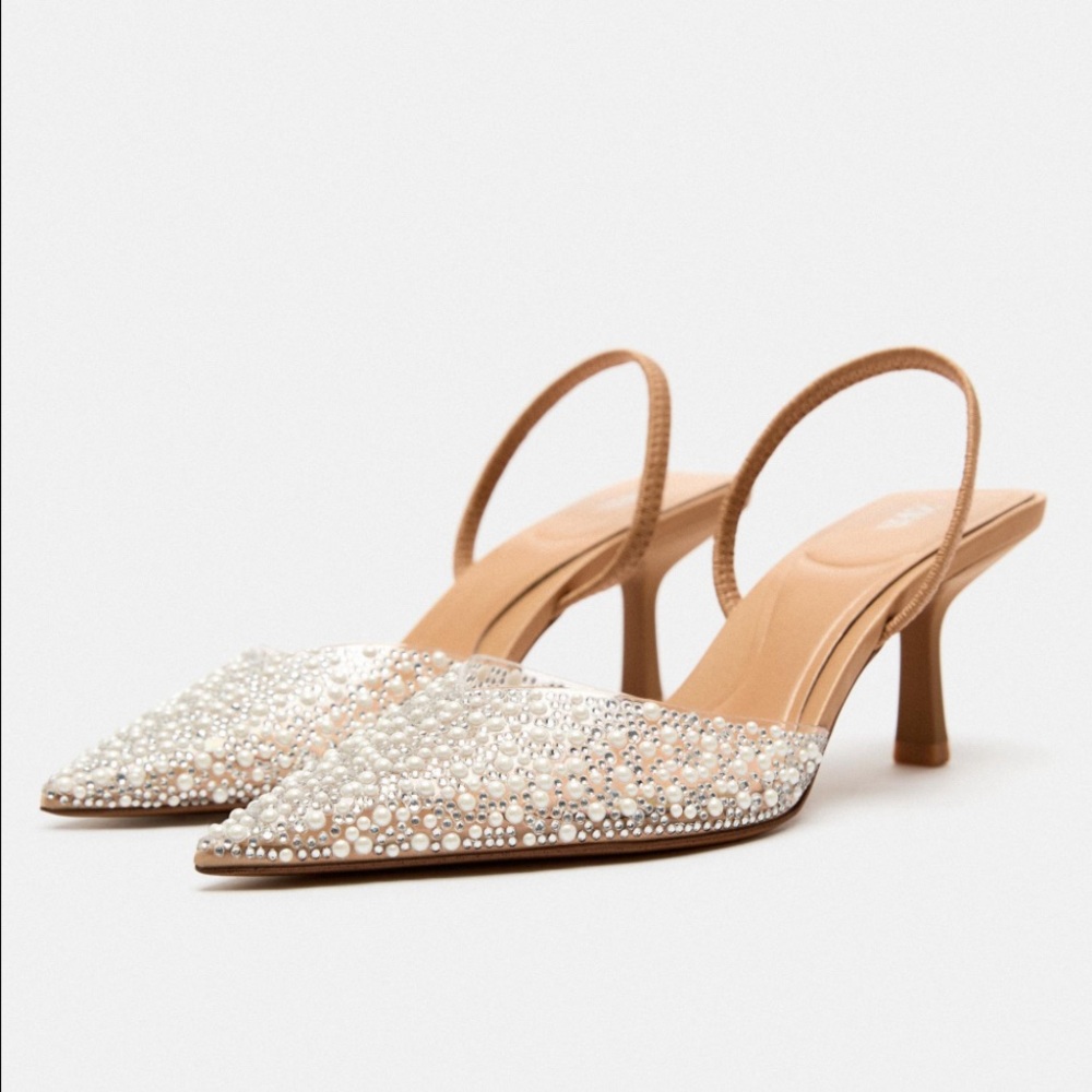 Zara Pearl Embellished Heels - Cream and Tan